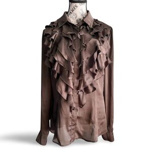 Lapis Taupe Brown Ruffle Blouse XL Satin Sheer Romantic Goth Victorian Y2K Top